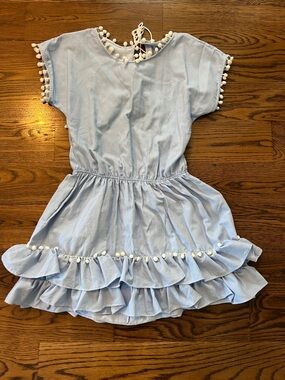 Light Blue Pom-Pom Tiered Ruffle Dress